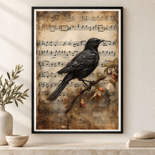 Raven's Melody art print in a slim black frame