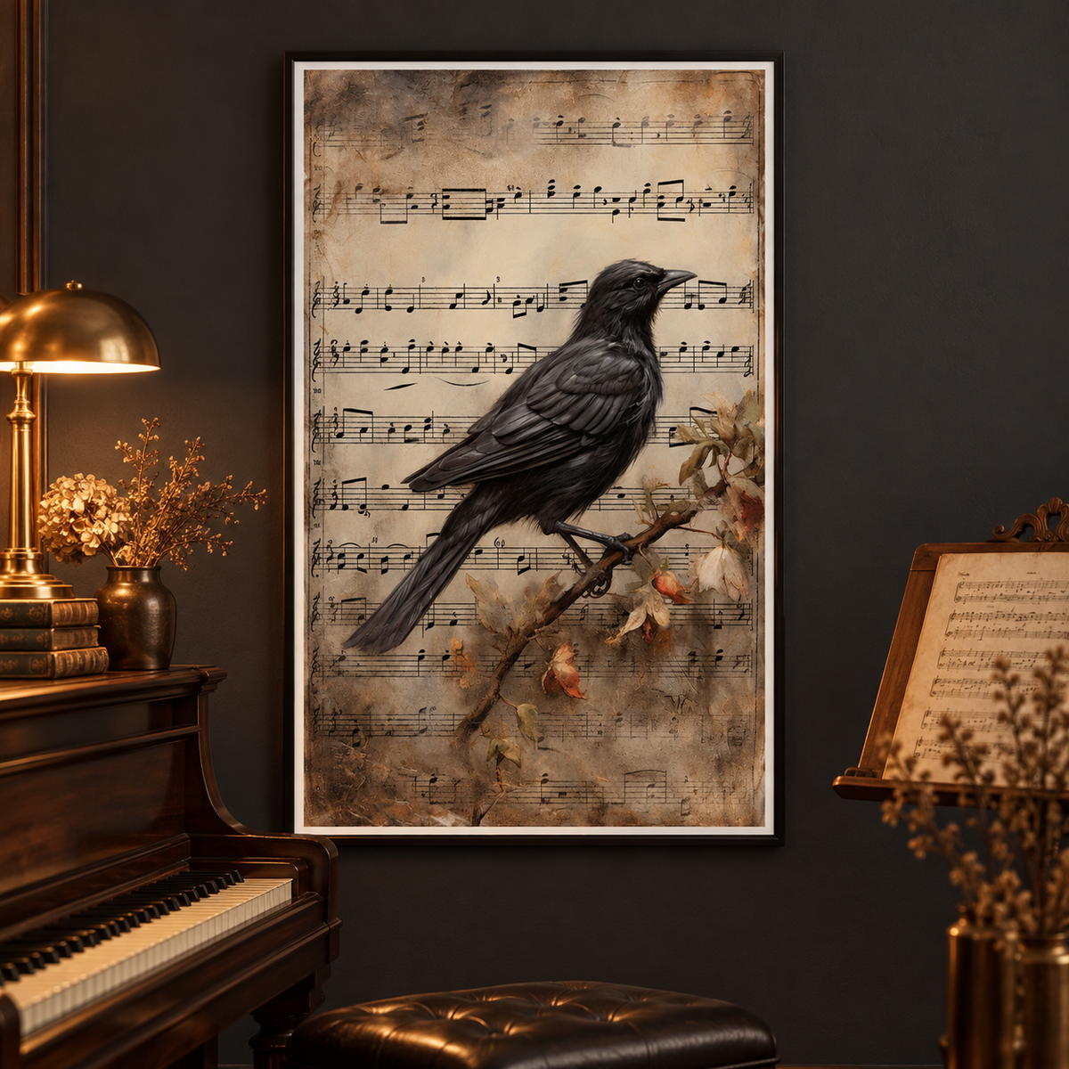 Raven's Melody framed art print in an elegant music room