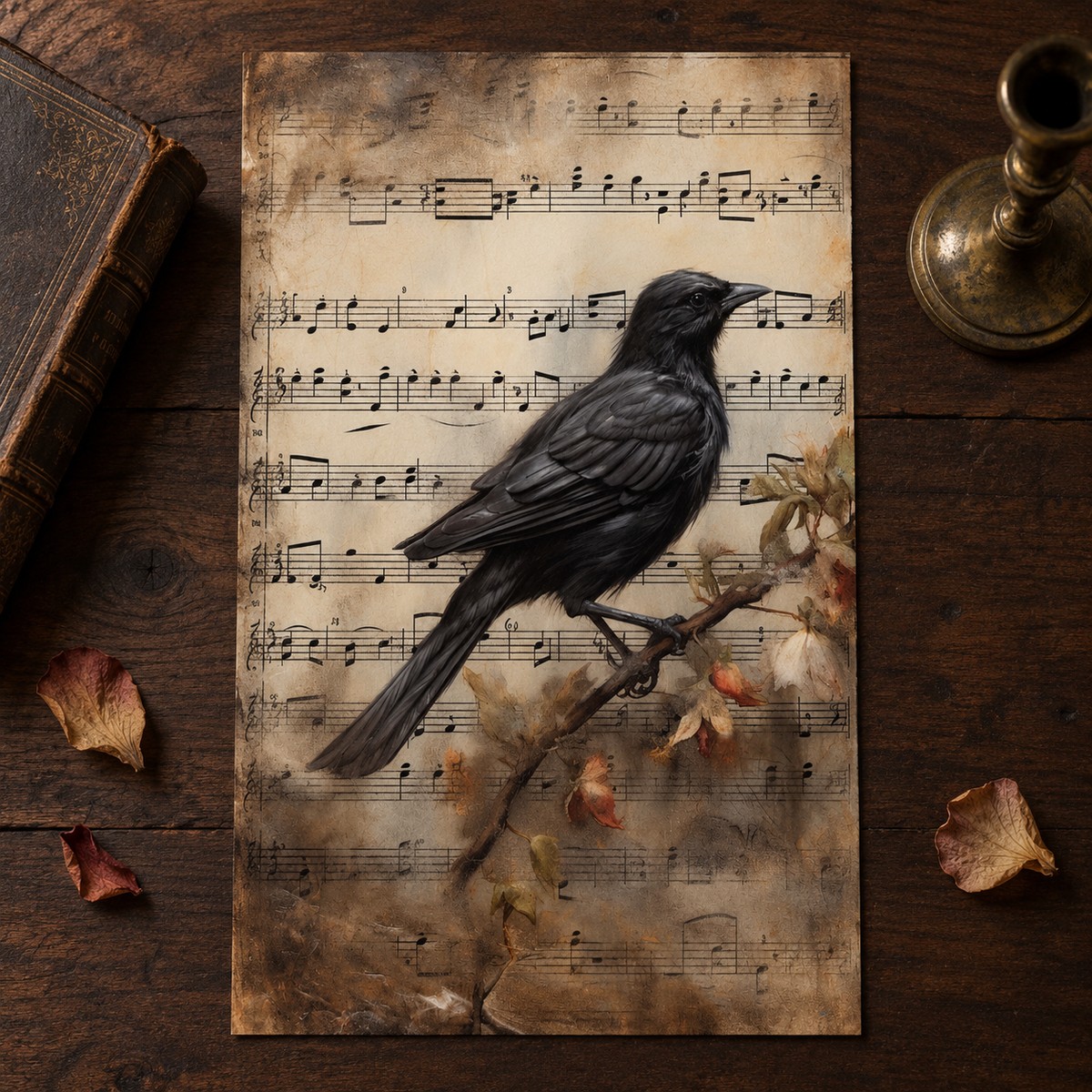 Borderless Raven's Melody unframed art print on a dark walnut surface