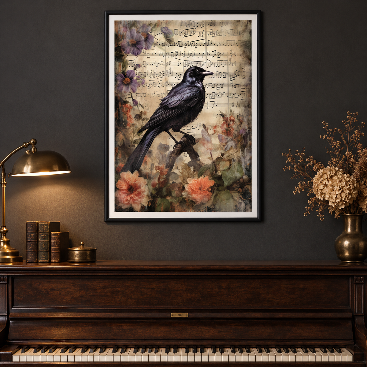 Raven's Song framed print above a dark wood piano