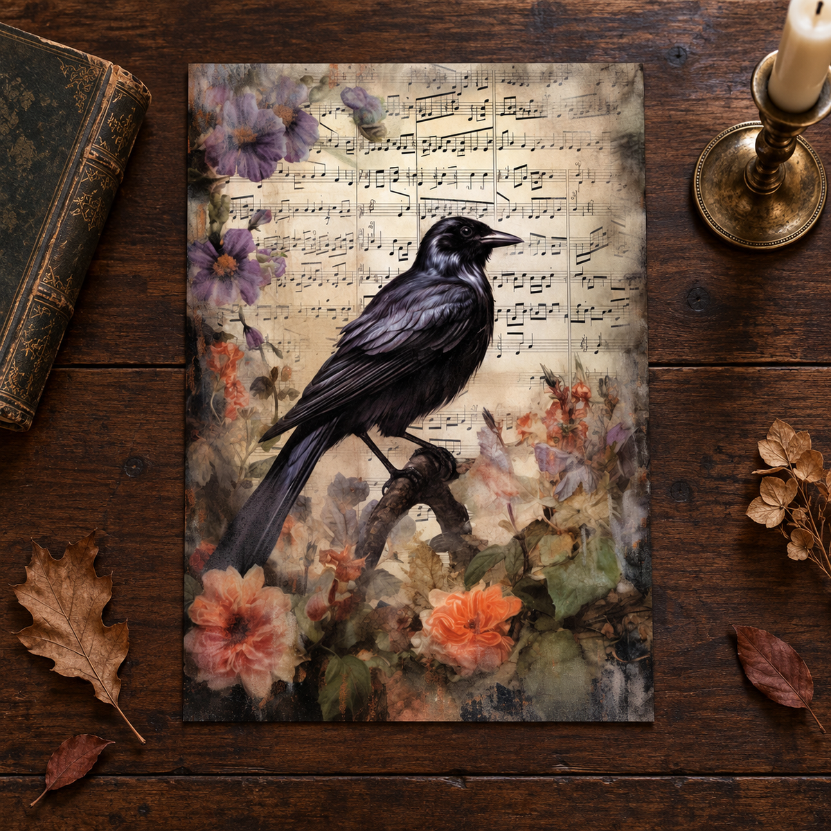 Raven's Song unframed A-series art print on dark walnut
