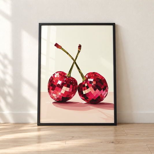 Red Cherry Disco Ball print in a glossy black frame leaning against a wall