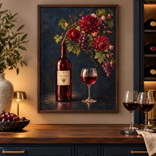 Red Wine in Bloom Print displayed framed in a kitchen or bar