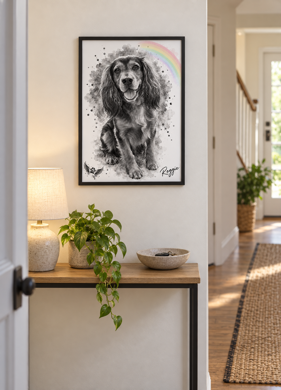 Black and white pet memorial portrait with a colour rainbow in an A3 black frame