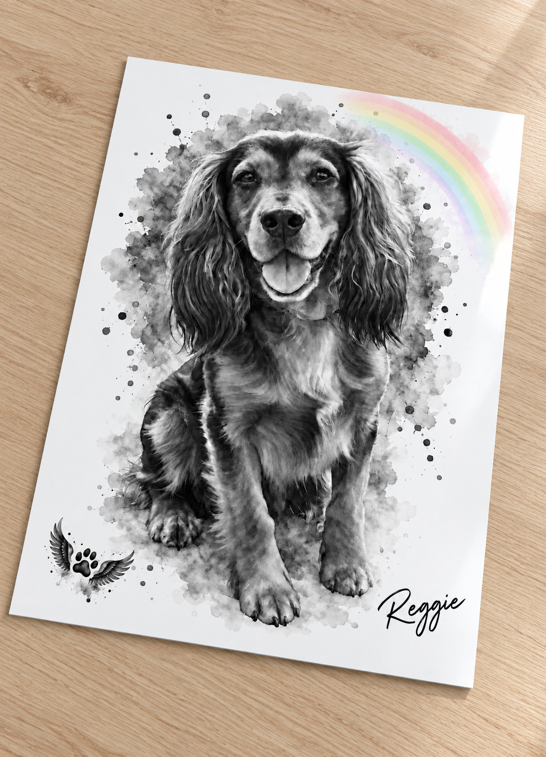 Black and white pet memorial print with a colour rainbow on glossy card