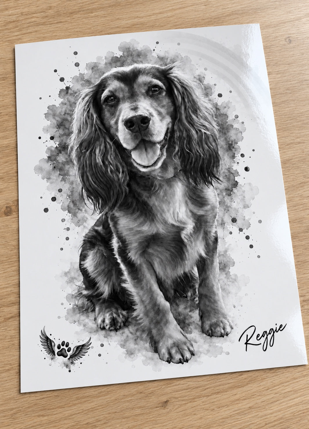 Black and white Reggie pet memorial print on glossy card