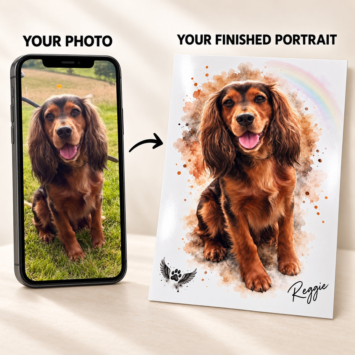 Reggie customer photo transformed into a personalised pet memorial portrait