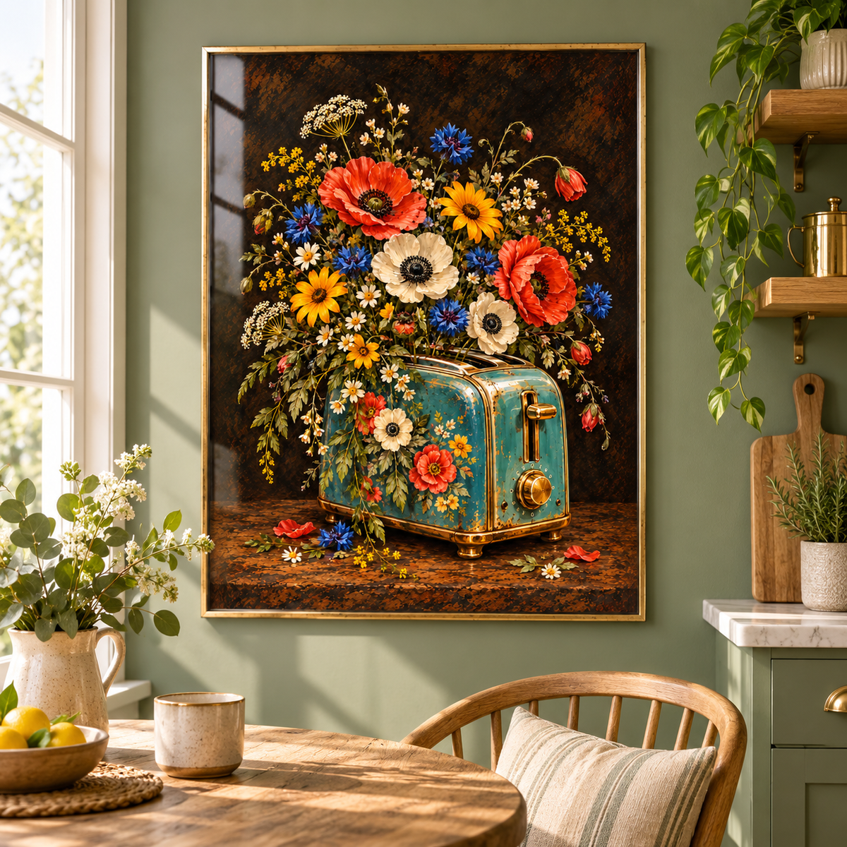 Rise & Bloom floral art print — framed in a home setting; frame not included