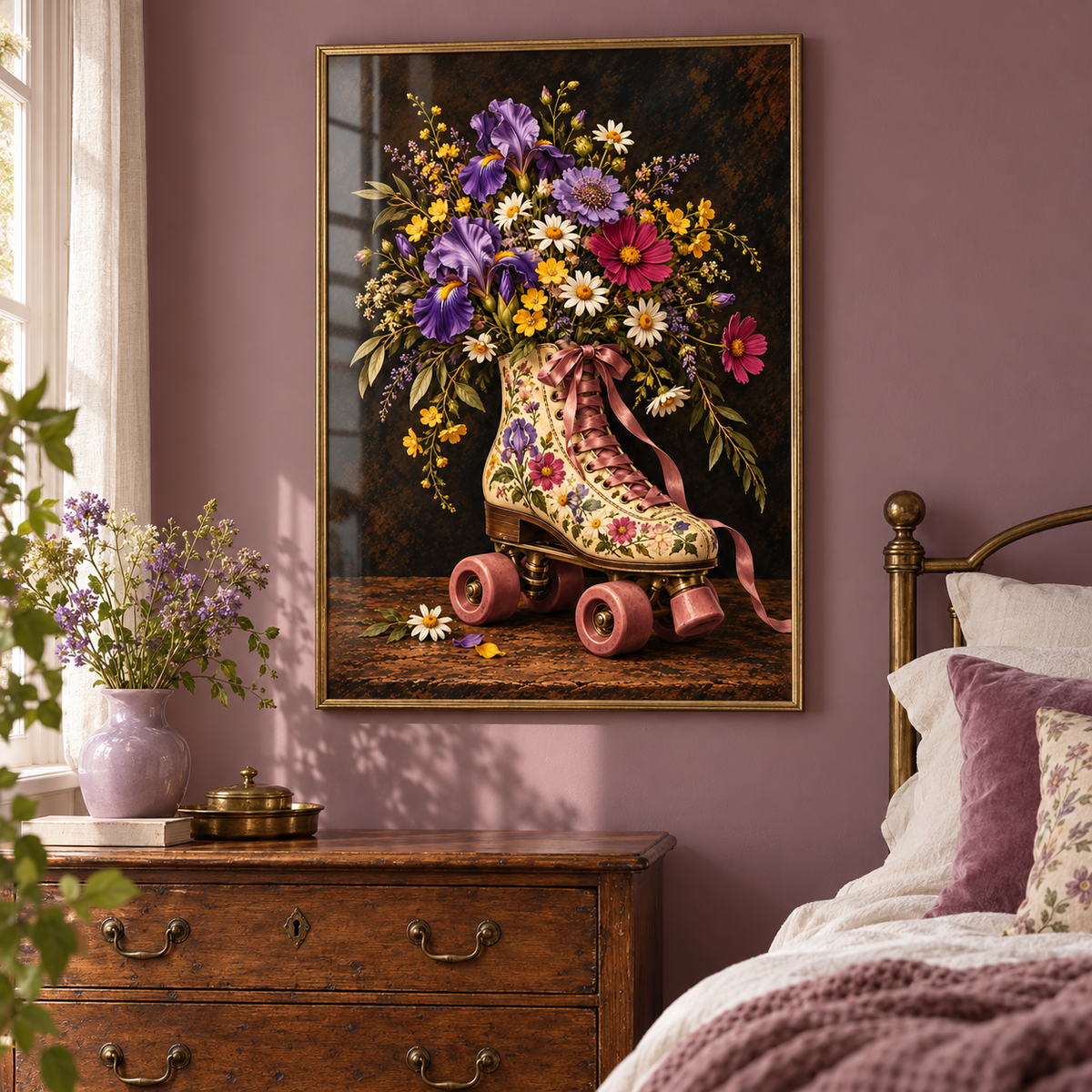 Roll With It floral art print — framed in a home setting; frame not included