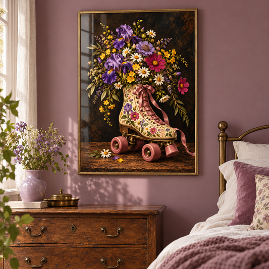 Roll With It floral art print — framed in a home setting; frame not included