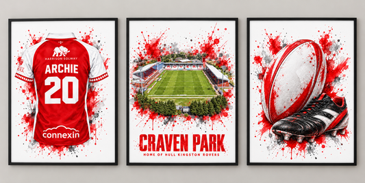 Hull KR rugby set of three: personalised shirt, Craven Park stadium and rugby ball with boot. Frames for styling only.
