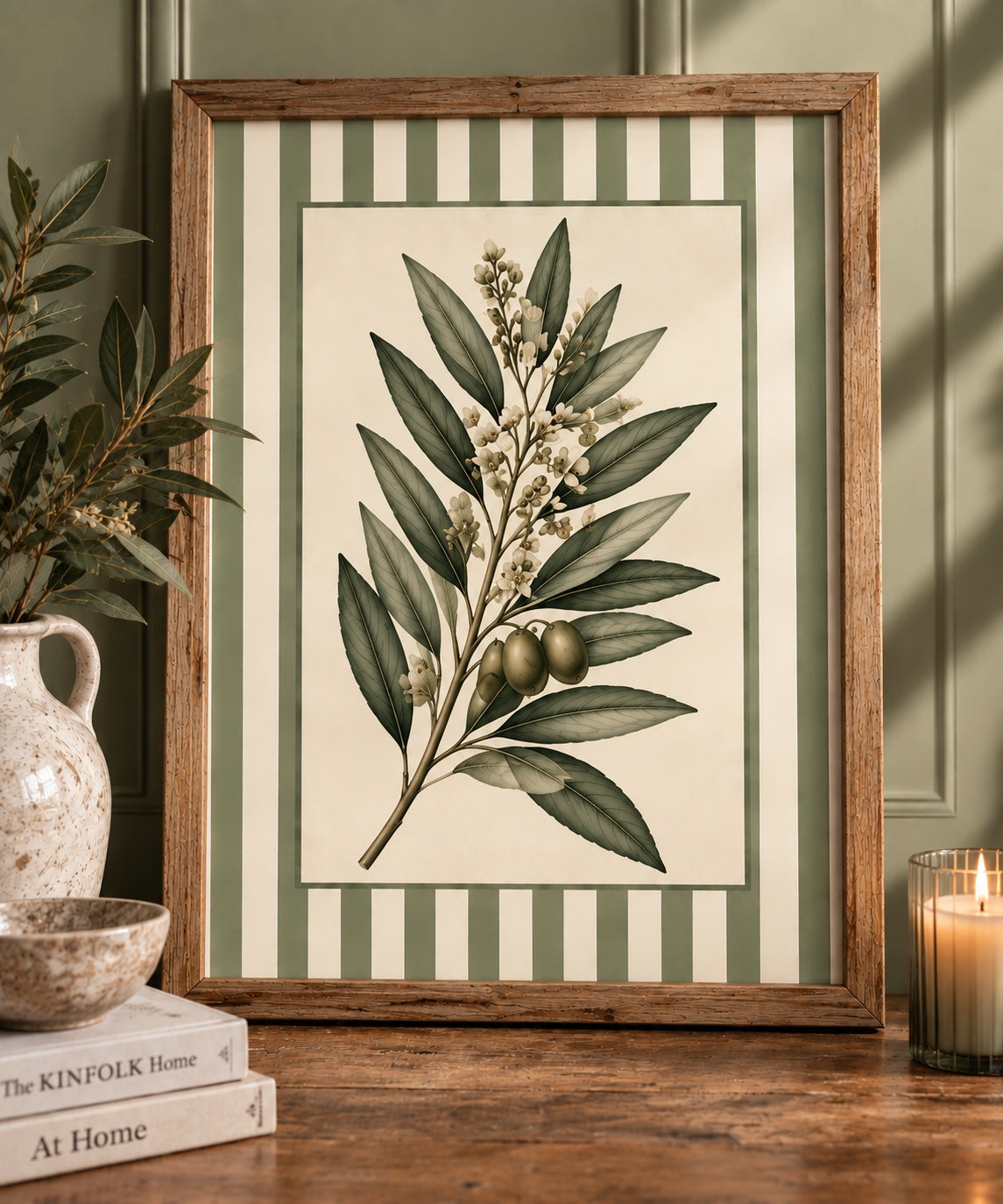 Sage Stripe Olive Botanical Print in wooden frame
