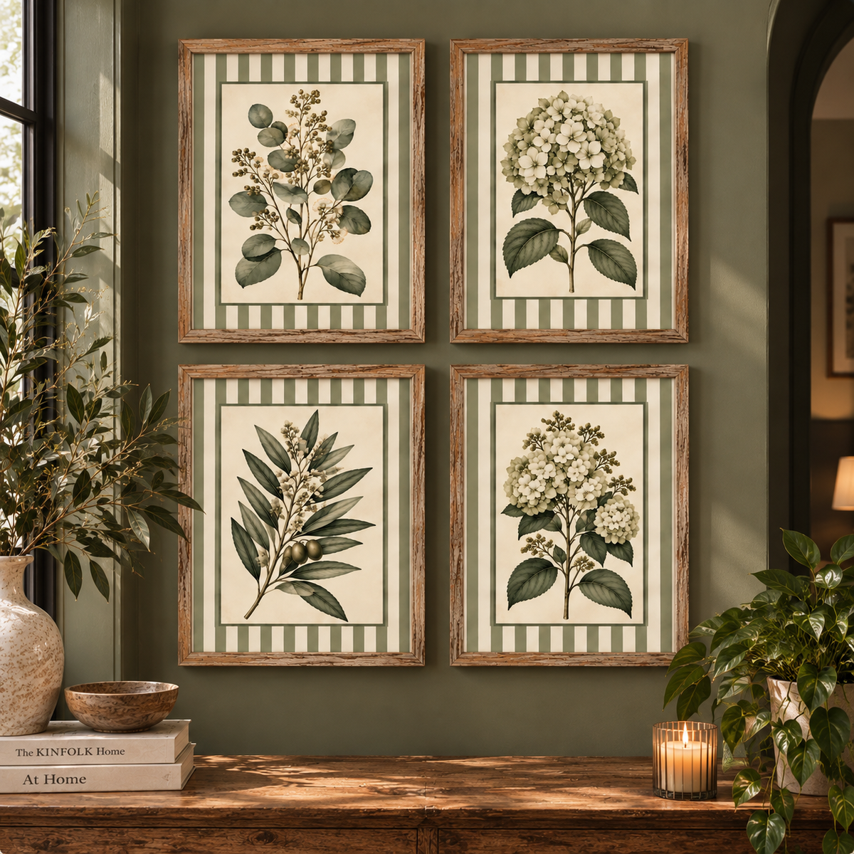 Sage Stripe Botanicals set of four prints in wooden frames on a wall