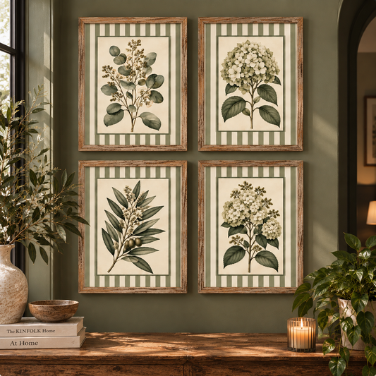 Sage Stripe Botanicals set of four prints in wooden frames on a wall