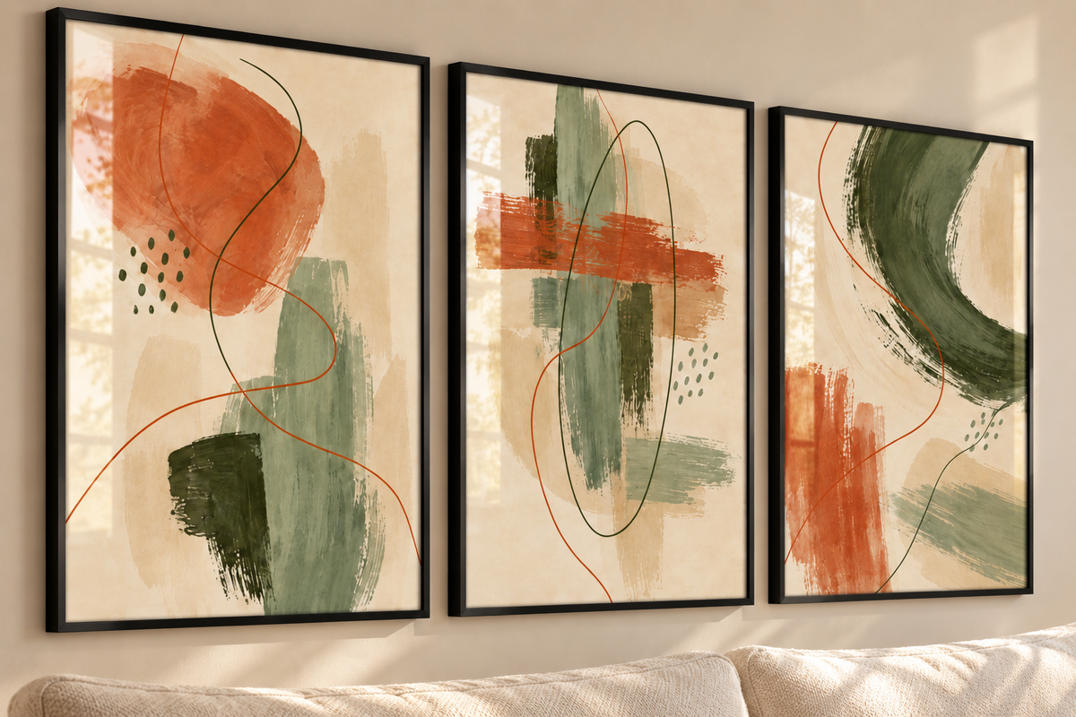 Close angled view of three sage terracotta and cream abstract prints in black frames; frames not included