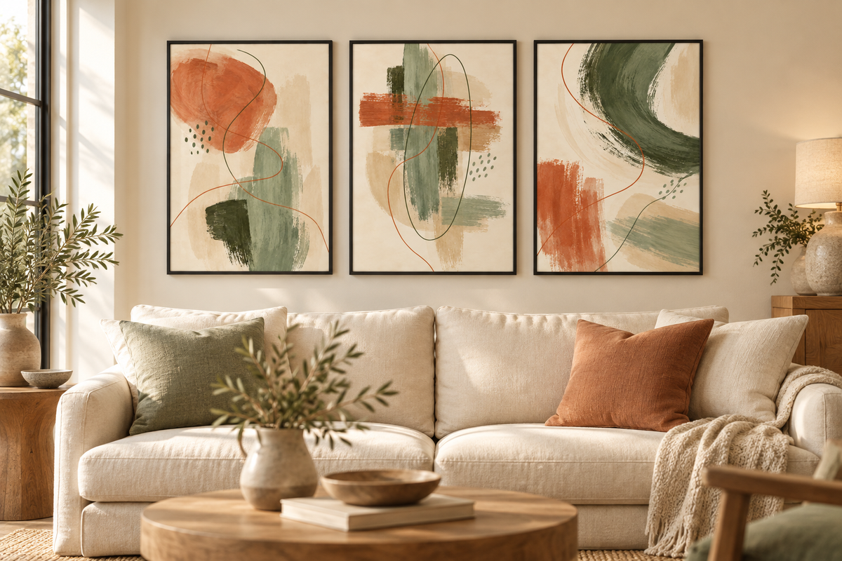 Sage terracotta and cream set of three abstract prints shown in black frames above a sofa; frames not included
