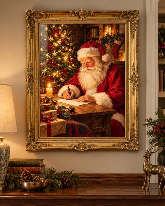 Santa’s Christmas Letter art print in an ornate gold frame in a festive home