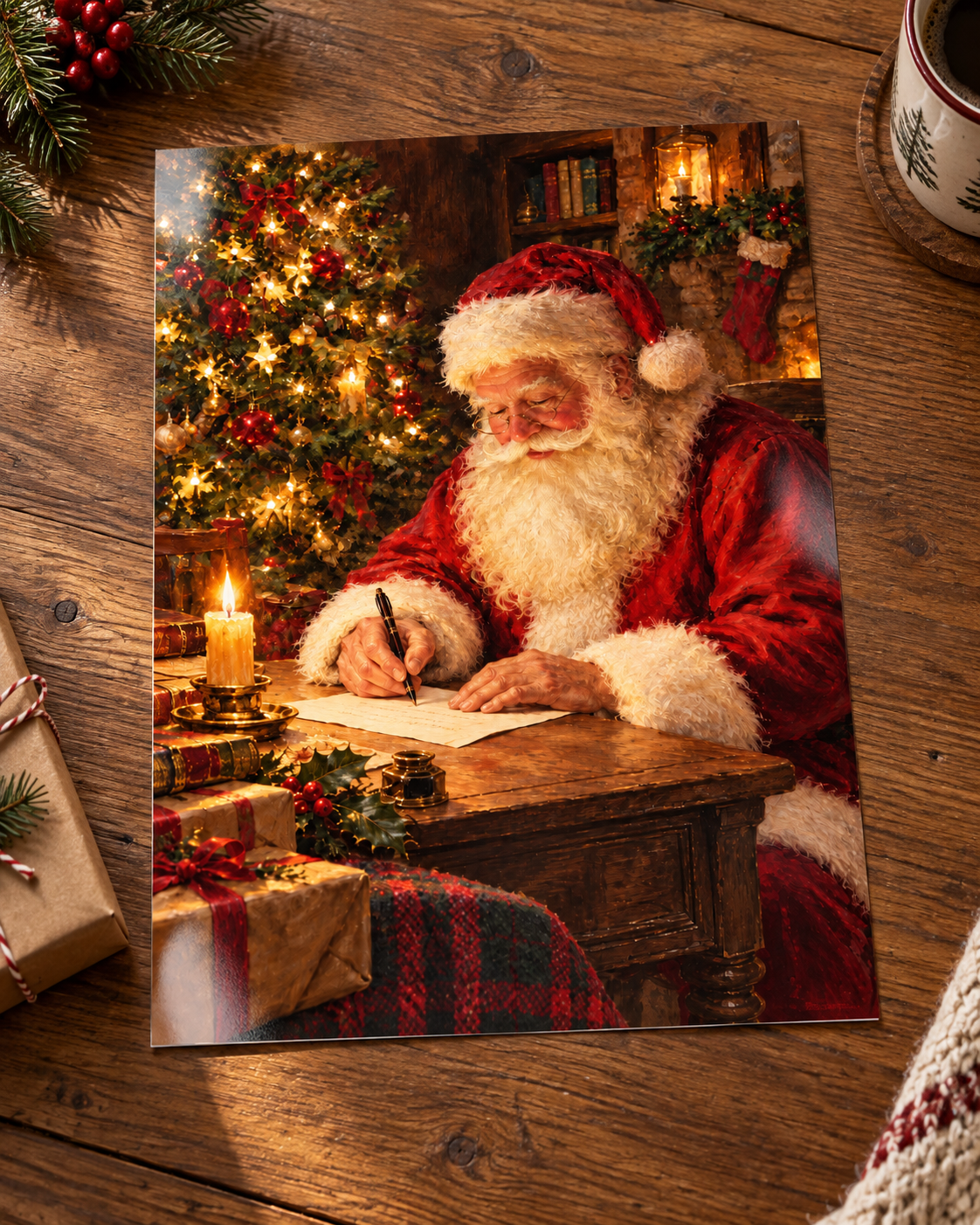 Santa’s Christmas Letter unframed glossy art print laid on a wooden table