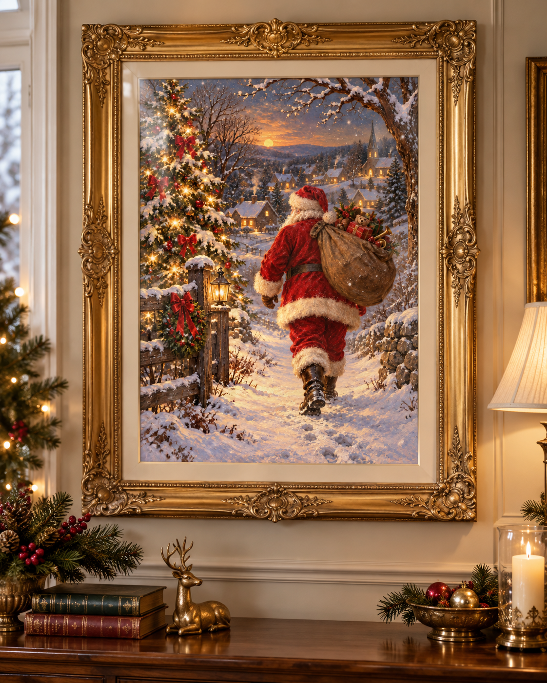 Santa’s Snowy Journey Christmas art print in an ornate gold frame