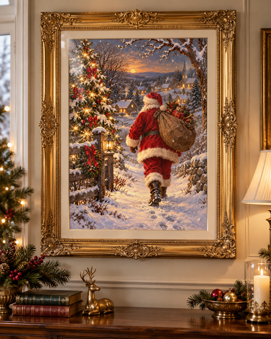 Santa’s Snowy Journey Christmas art print in an ornate gold frame