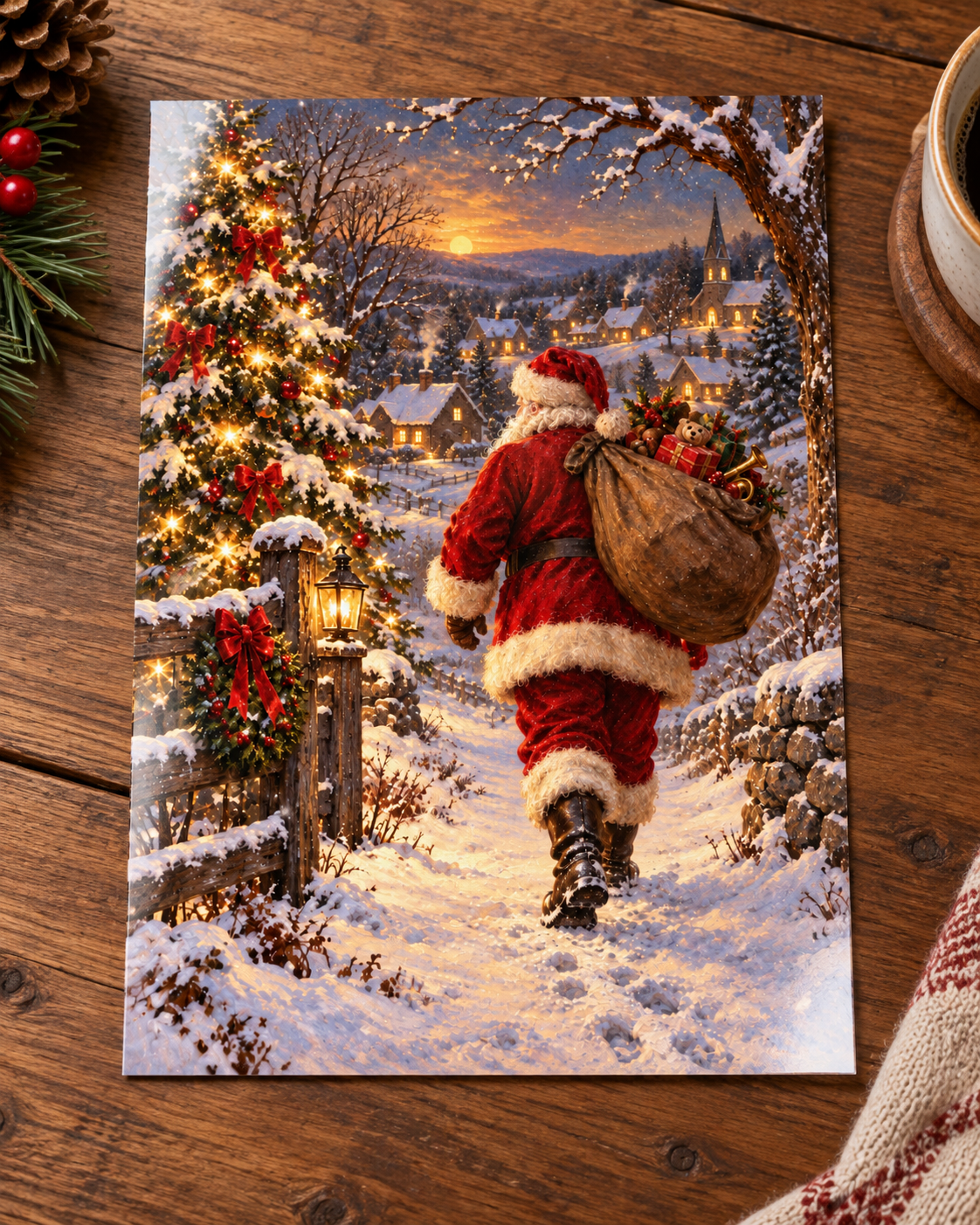 Santa’s Snowy Journey unframed glossy art print laid on a wooden table