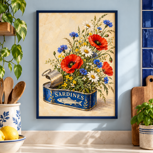 Sardine Tin Wildflowers Print displayed framed in a kitchen or bar