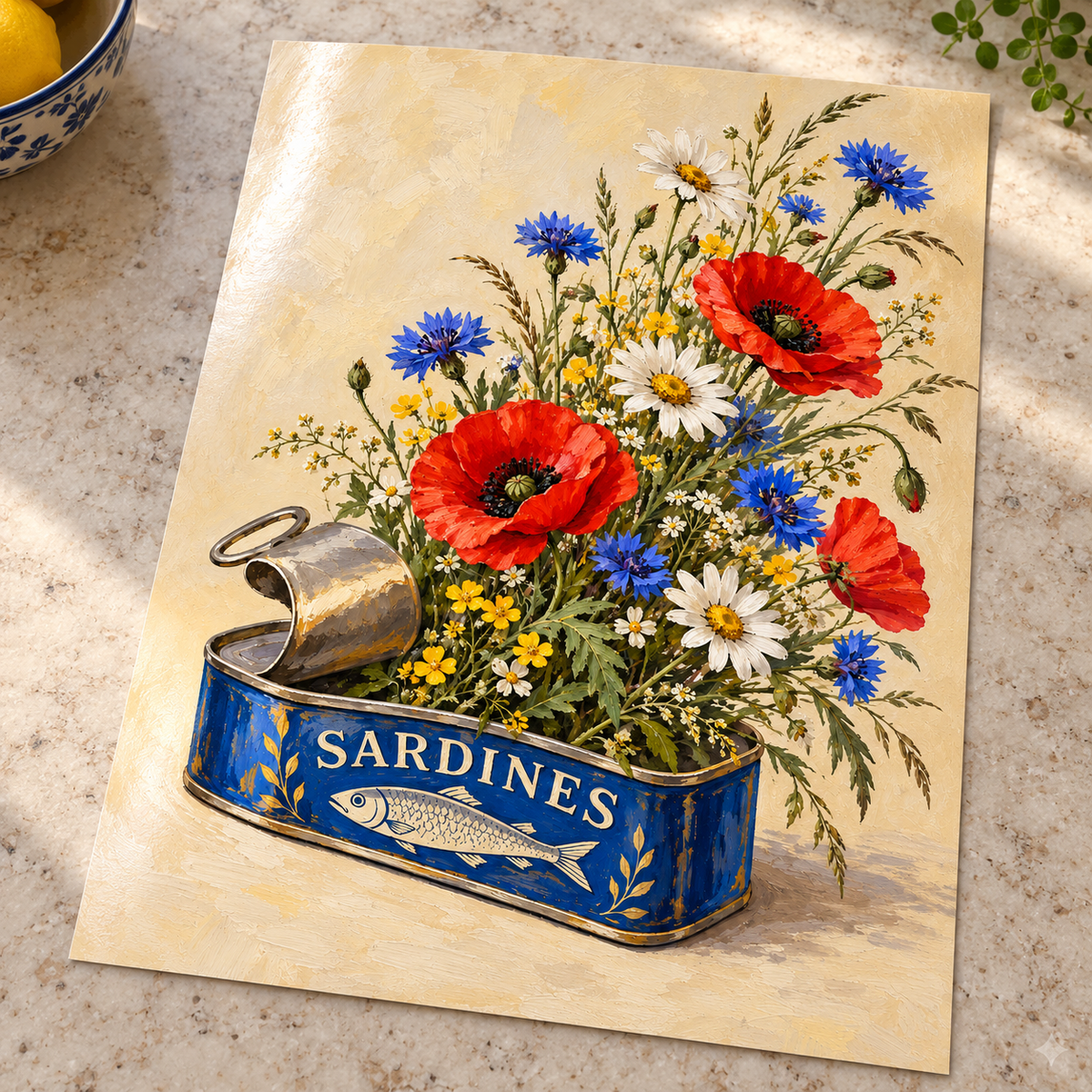 Sardine Tin Wildflowers Print shown unframed on glossy card