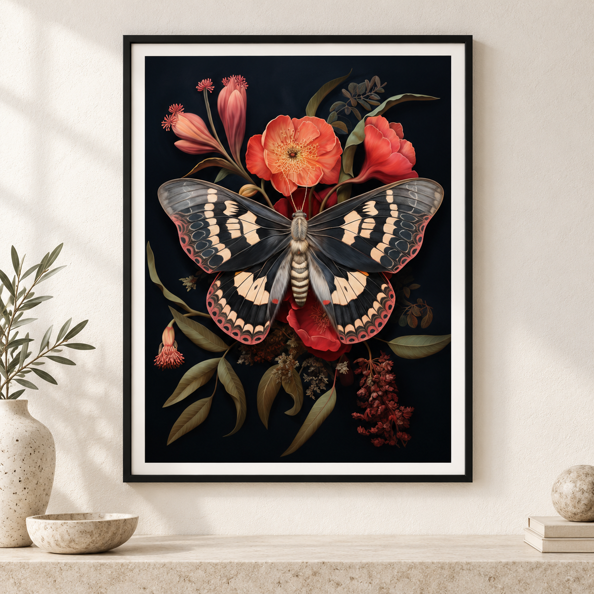 Scarlet Moth Botanical art print in a slim black frame