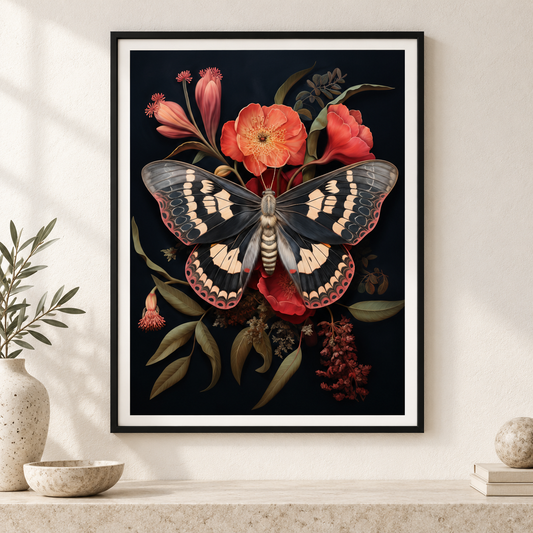 Scarlet Moth Botanical art print in a slim black frame