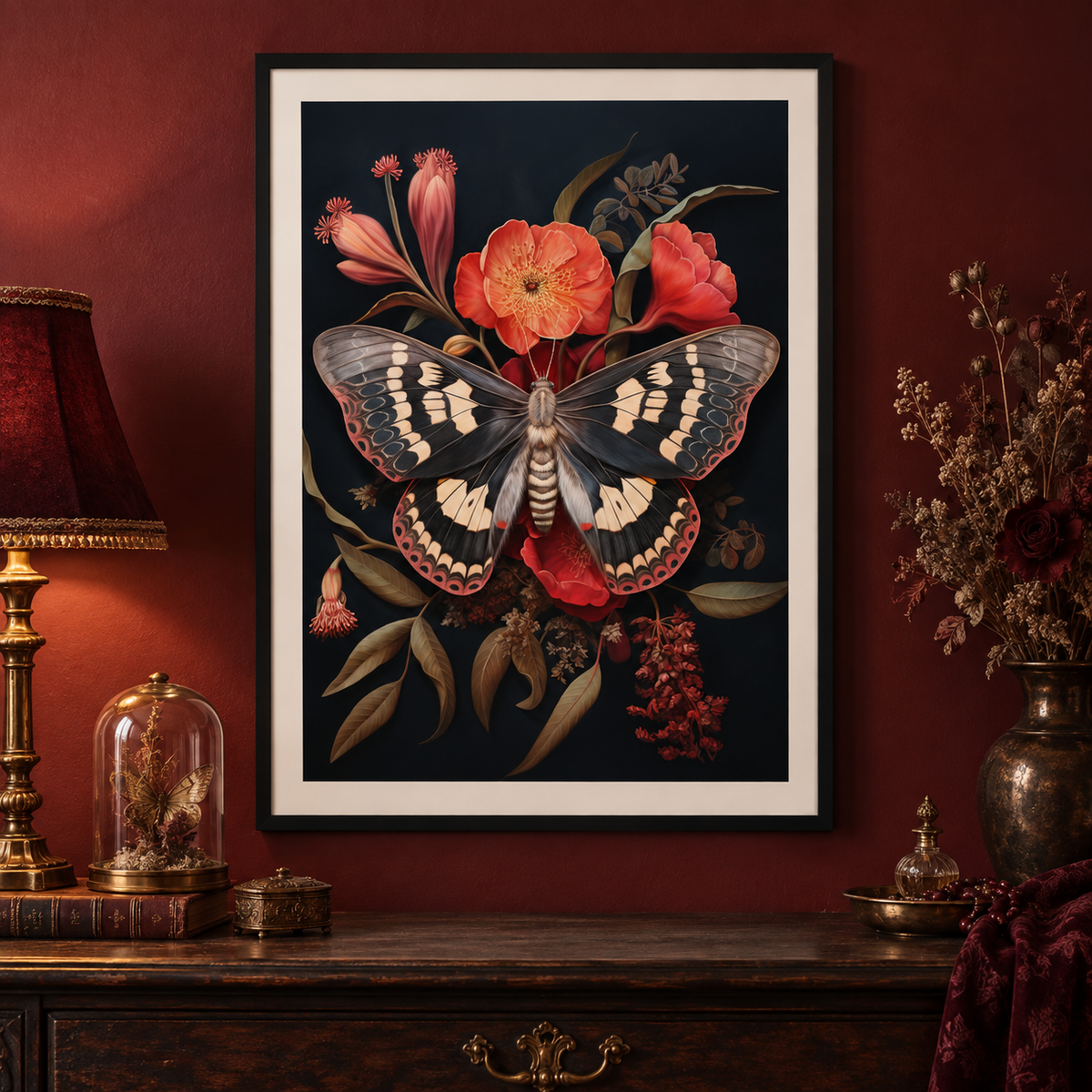 Scarlet Moth Botanical framed art print in a romantic gothic room