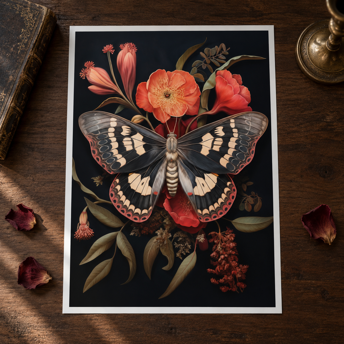 Scarlet Moth Botanical unframed art print on a dark walnut surface