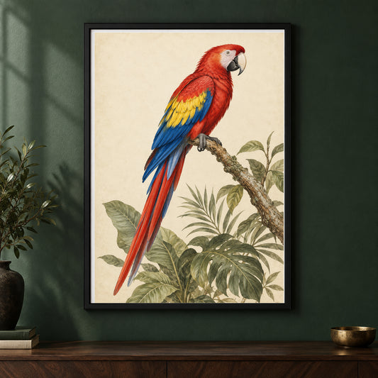 Scarlet Swagger – Vintage Macaw Bird Print framed on a dark wall