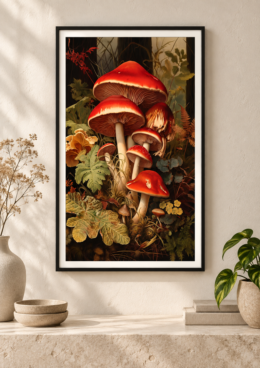 Scarlet Woodland Mushrooms art print in a slim black frame