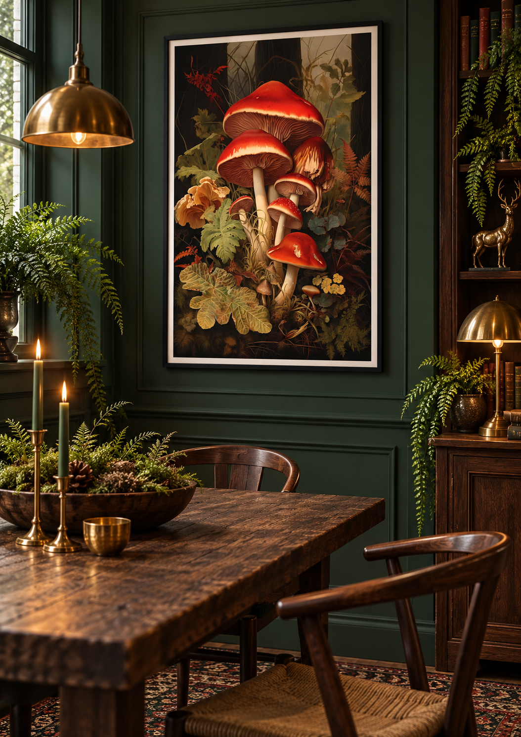 Scarlet Woodland Mushrooms art print in a forest-green dining nook