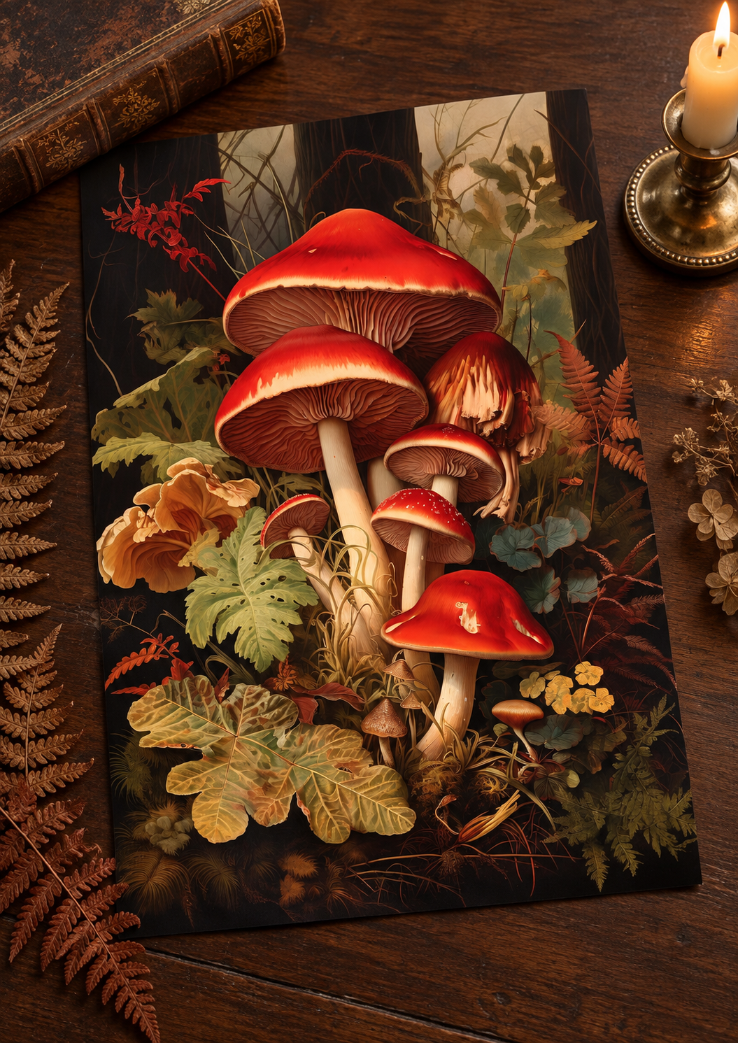 Borderless Scarlet Woodland Mushrooms art print laid on a dark wood surface