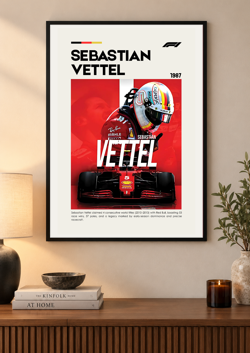 Sebastian Vettel Motorsport Print using the original artwork inside a black frame above a living-room sideboard. Print supplied unframed.