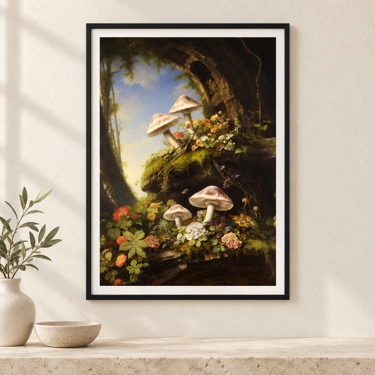 Secret Mushroom Garden print in a correctly proportioned slim black A-series frame