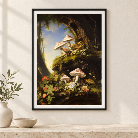 Secret Mushroom Garden print in a correctly proportioned slim black A-series frame