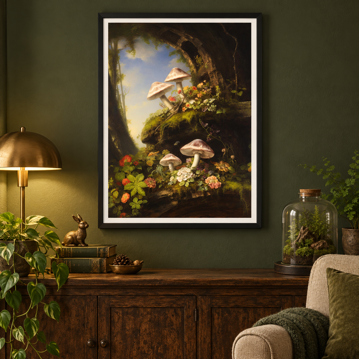 Secret Mushroom Garden framed print in a woodland reading nook