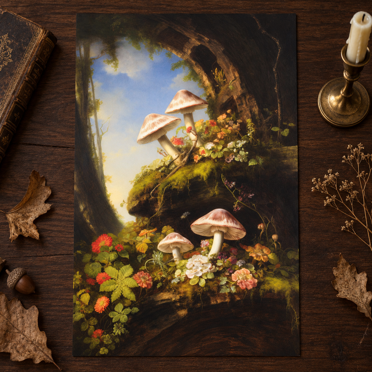 Secret Mushroom Garden unframed A-series print on dark walnut