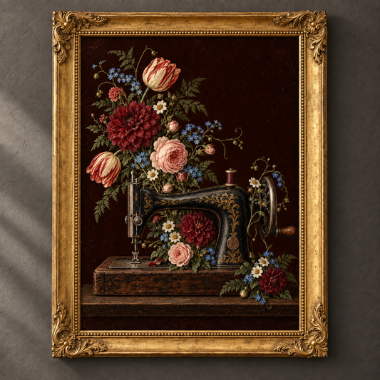 Sew in Bloom botanical art print in an ornate vintage gold frame