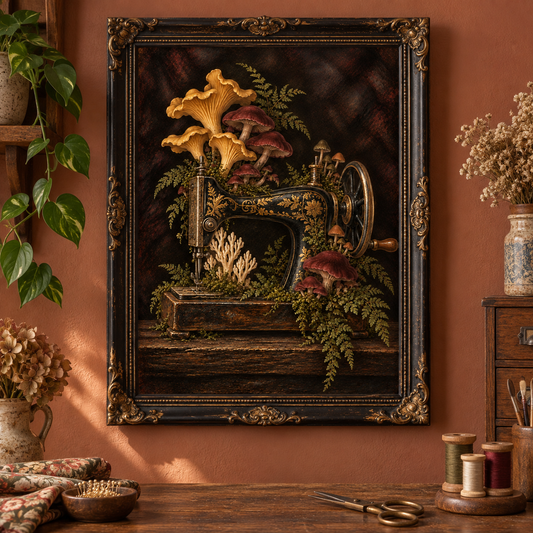 Sew Wild art print displayed in a vintage frame