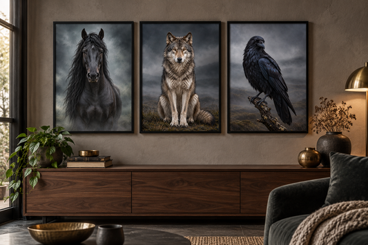 Shadow & Stone – Black Horse, Wolf, Raven art prints framed side by side in a room