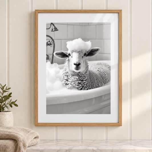 Sheep Bathtub bathroom print close-up framed mockup