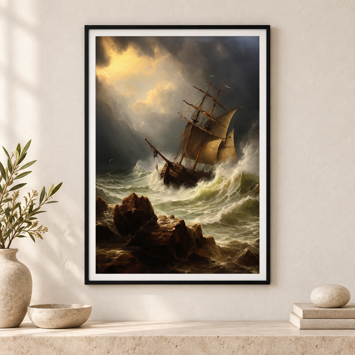 Ship in the Storm art print in a slim black frame