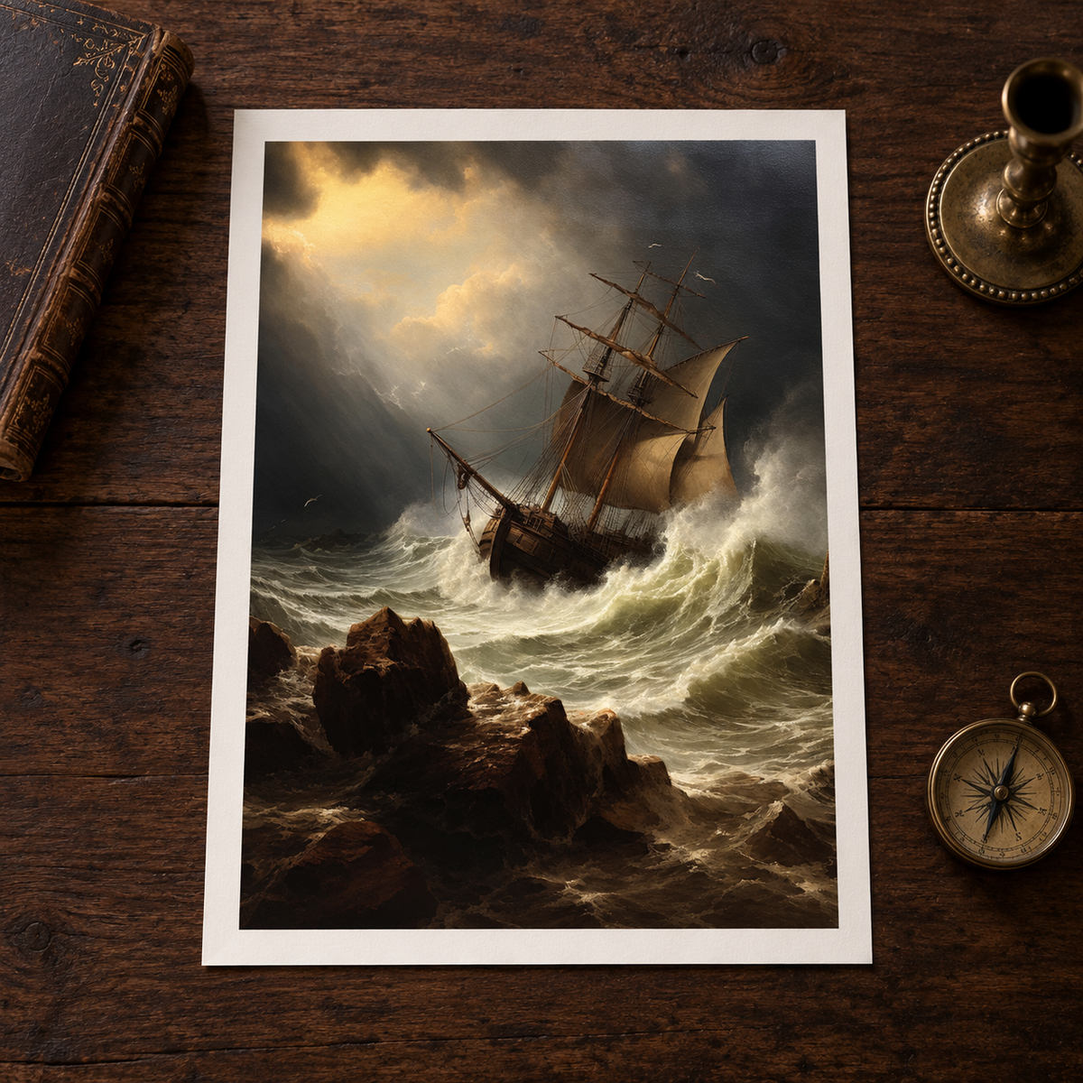Ship in the Storm unframed art print on a dark walnut surface