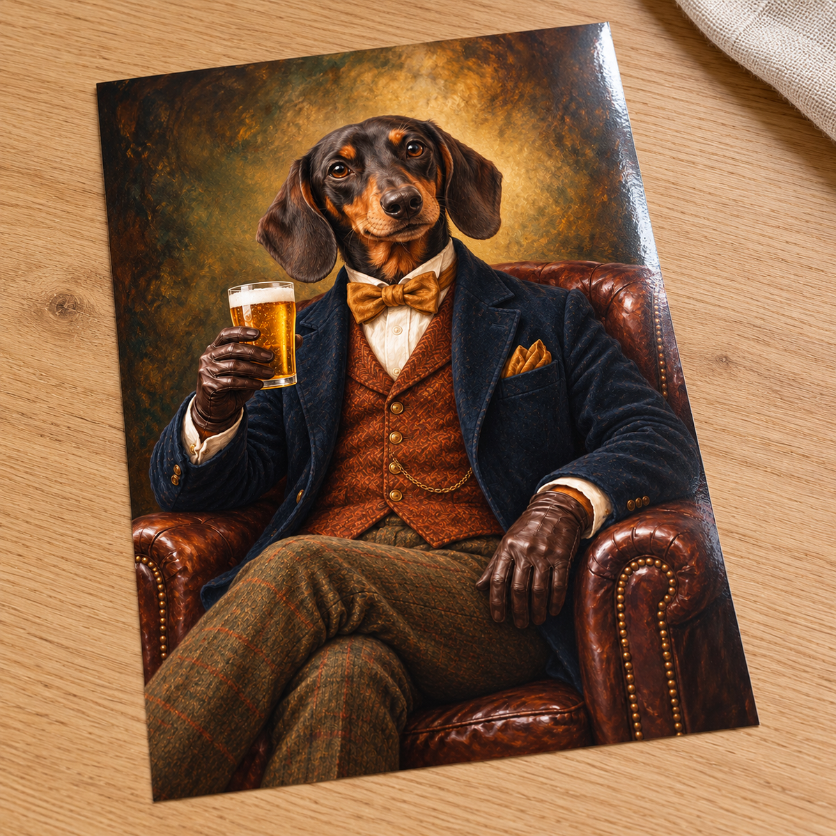 Short Legs, Tall Pint unframed glossy print on an oak table