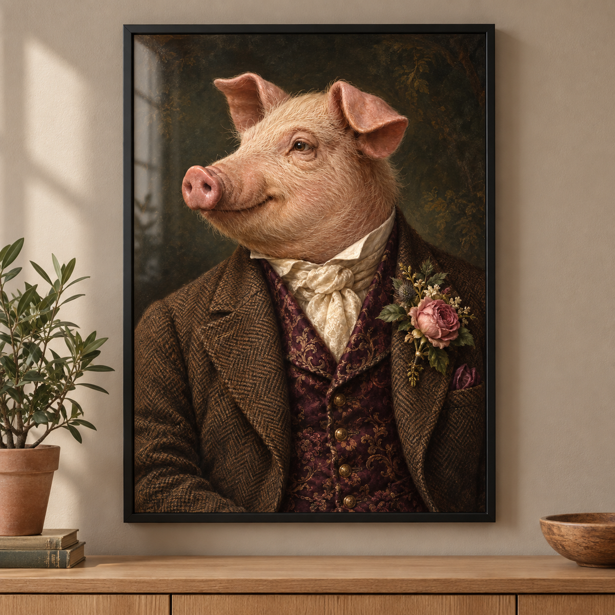 Sir Truffles Pig print in a modern frame