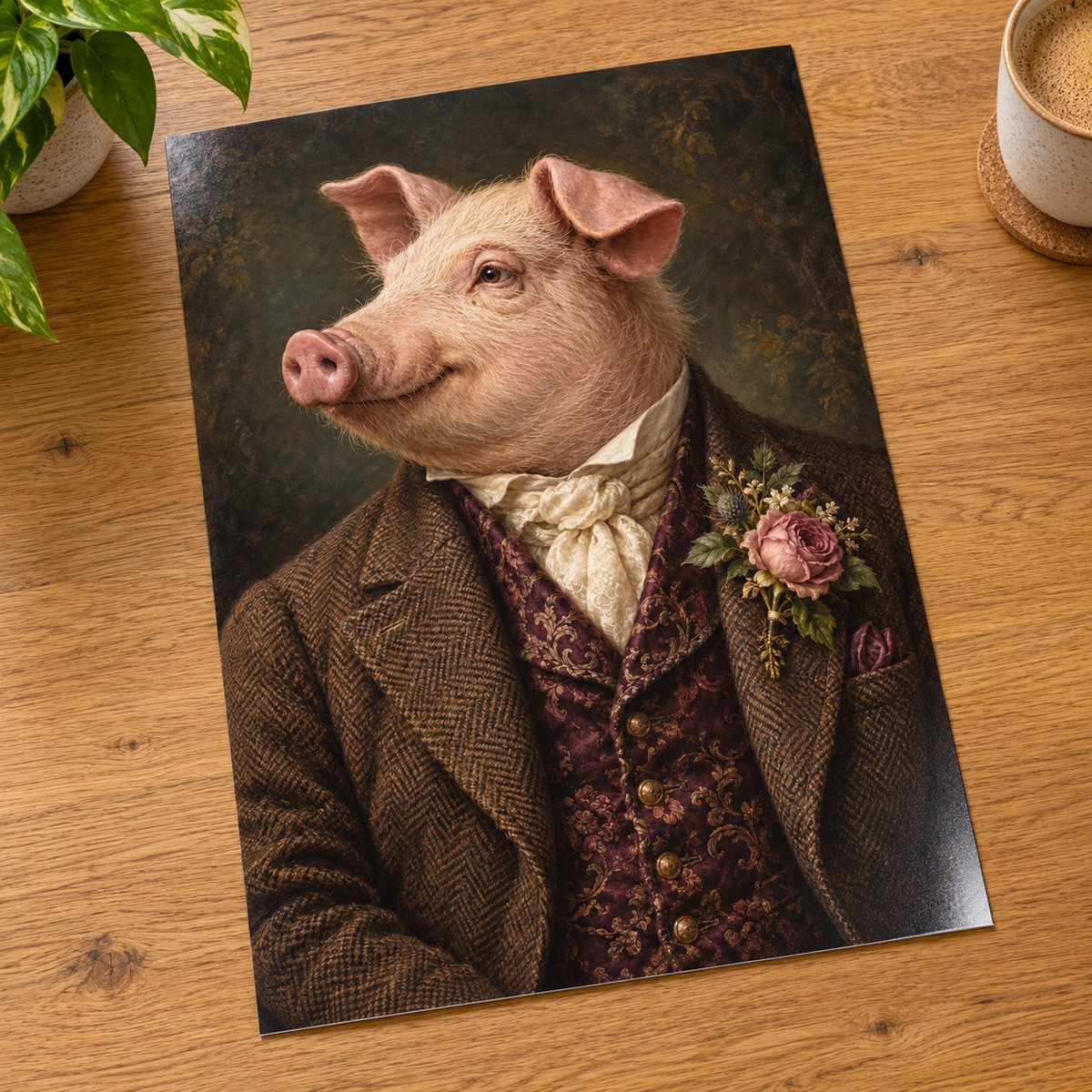 Sir Truffles Pig print unframed on a wooden table