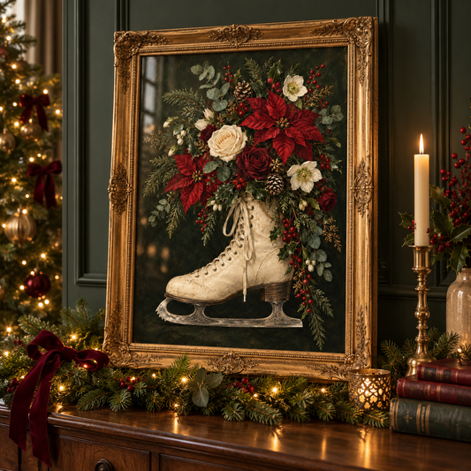 Skating into Bloom Christmas ice skate floral print - framed